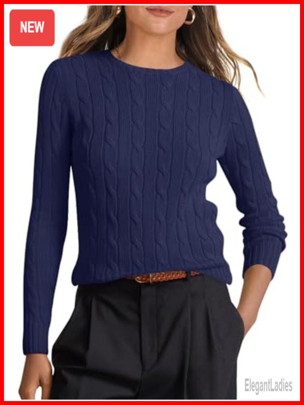 Women Cable Knit Fitted Pullover Sweater Crew Neck Long Sleeve